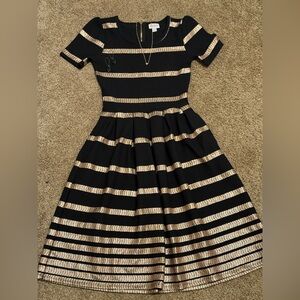 LuLaRoe Black and Rose Gold Striped Dress with jewelry